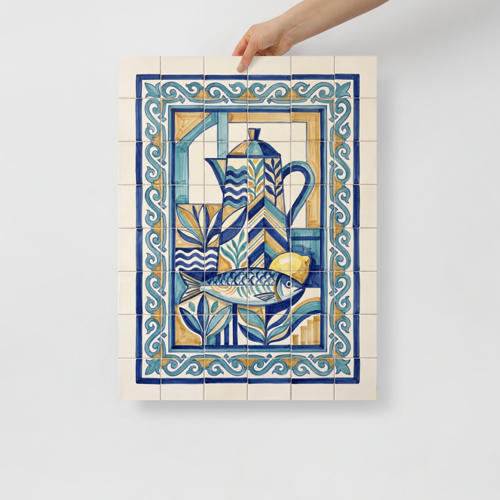 'The Fisherman's Still Life' — a Cubism print. A geometric blue and yellow azulejo tile artwork featuring a fish, pitcher, and lemon, ideal for a traditional Kitchen.