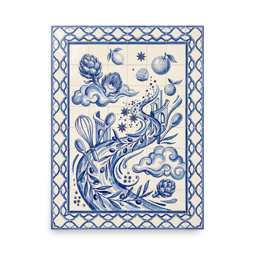 'A Culinary Dream' — a Surrealism print. A surreal blue and white azulejo tile artwork showing flying kitchen tools and ingredients, a charming addition to any Kitchen.