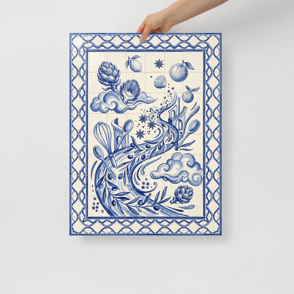 'A Culinary Dream' — a Surrealism print. A surreal blue and white azulejo tile artwork showing flying kitchen tools and ingredients, a charming addition to any Kitchen.