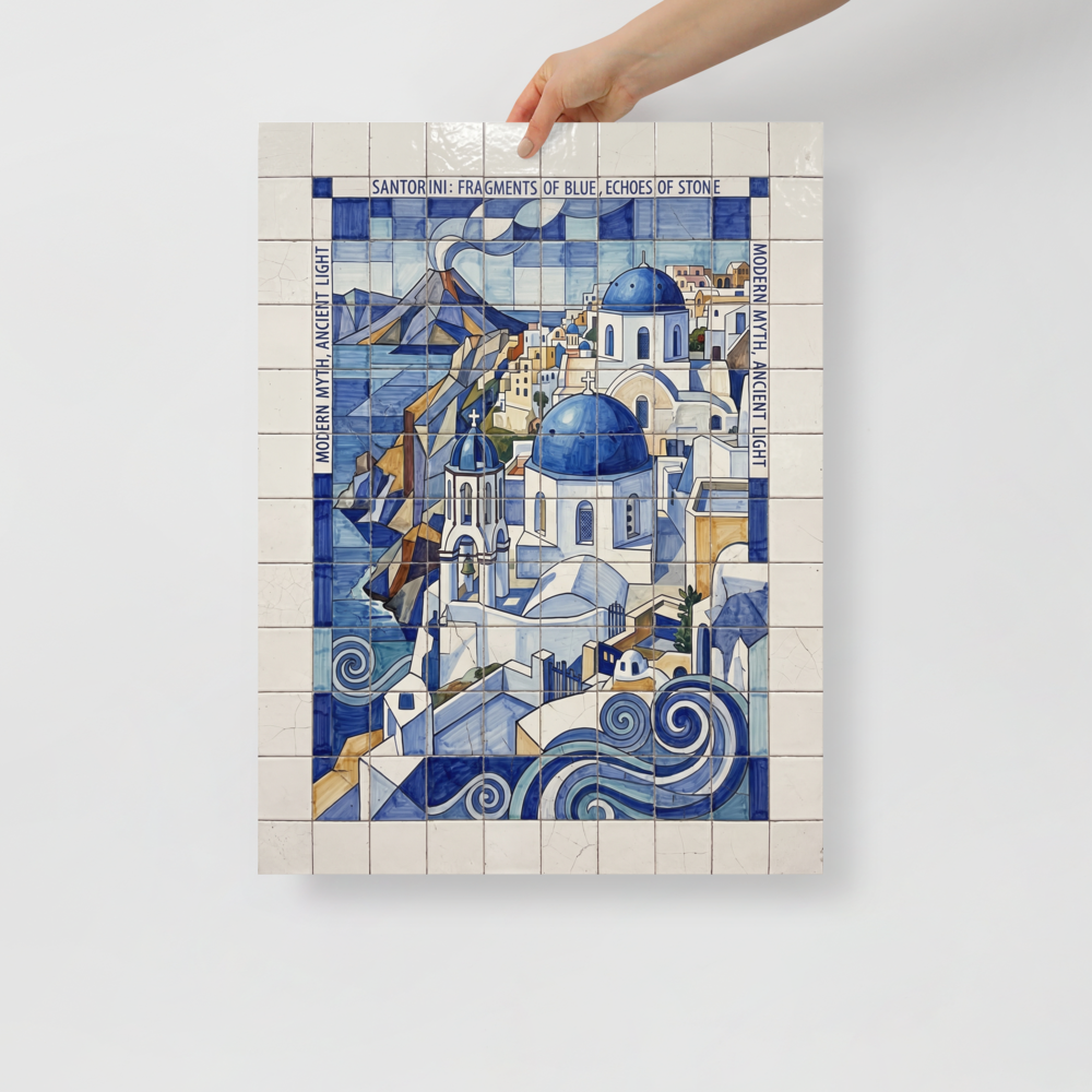 'Fragments of Santorini' — a Cubism print. A striking blue and white geometric azulejo tile artwork of Santorini's architecture and waves, perfect for a peaceful Bedroom.