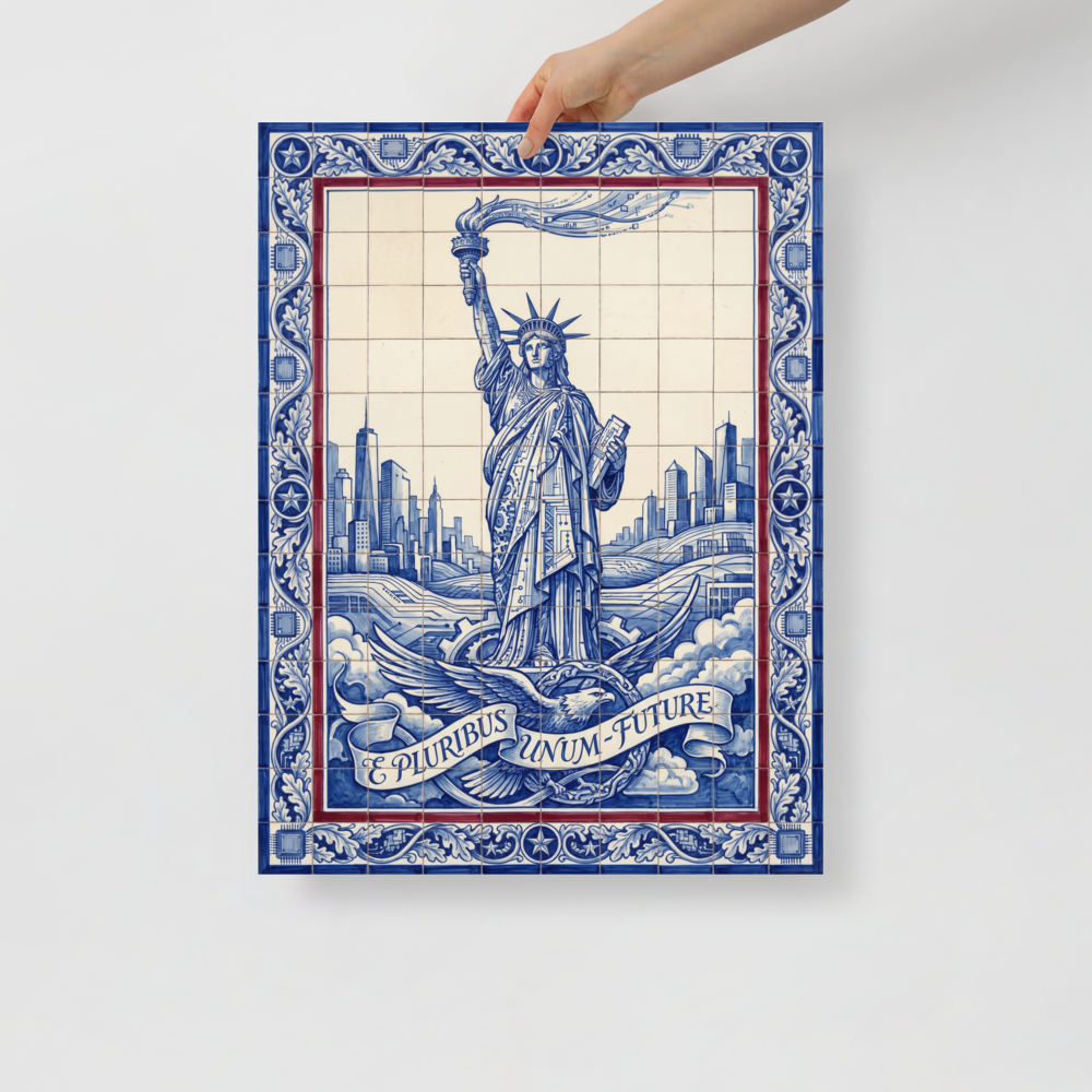 'Lady Liberty's Data Stream' — a Retrofuturism print. A futuristic blue and white azulejo tile artwork of the Statue of Liberty with circuit patterns, perfect for a modern Office.