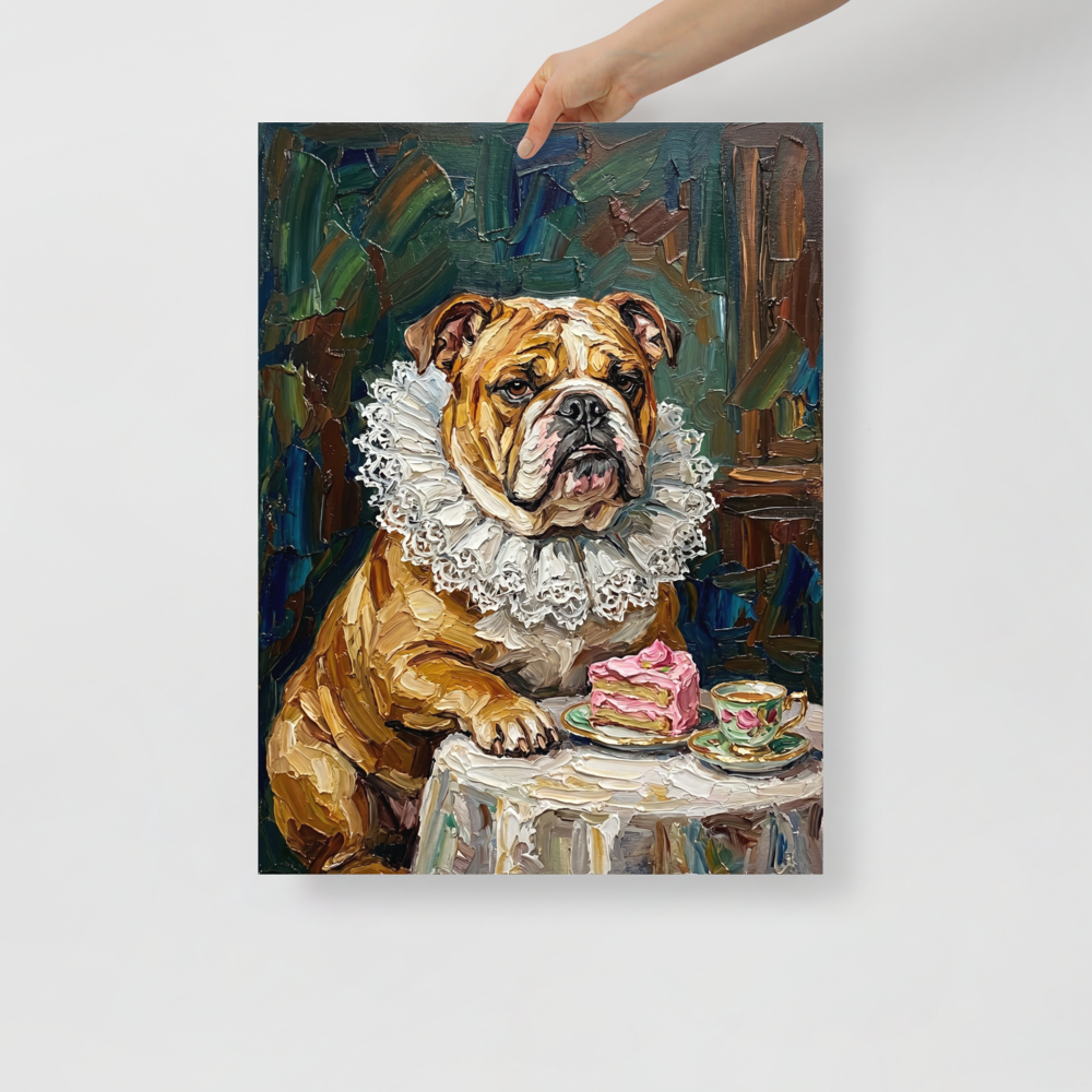'A Noble Treat' — a Renaissance,Pop art print. Humorous impasto painting of a bulldog in a ruffled collar eating cake, perfect for a dining room.