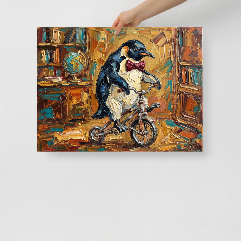 'The Educated Penguin' — a Impressionism print. An oil painting of a penguin wearing a red bow tie riding a bicycle in a library, perfect for a quirky office or living room.