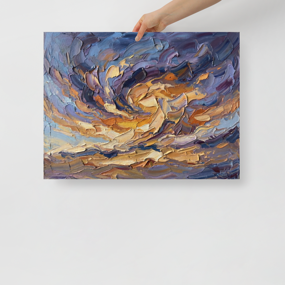 'Swirling Twilight Skies' — a Abstract expressionism print. An abstract impasto oil painting of swirling clouds in purple, gold, and blue, creating a dramatic stormy sky effect for a bedroom or studio.