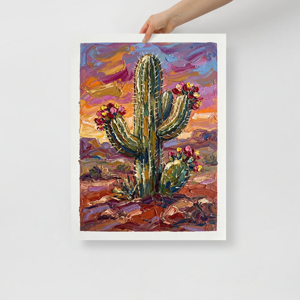 'Desert Bloom' — a Expressionism print. A textured painting of a blooming saguaro cactus against a colorful desert sky, bringing warmth to a sunroom.