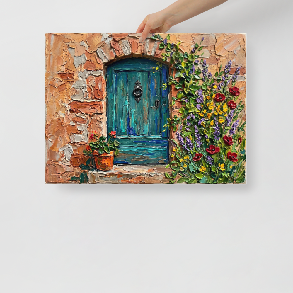 'The Hidden Courtyard Door' — a Impressionism print. A heavily textured impasto painting of a rustic teal wooden door surrounded by stone and climbing flowers in red, purple, and yellow, perfect for an entryway.