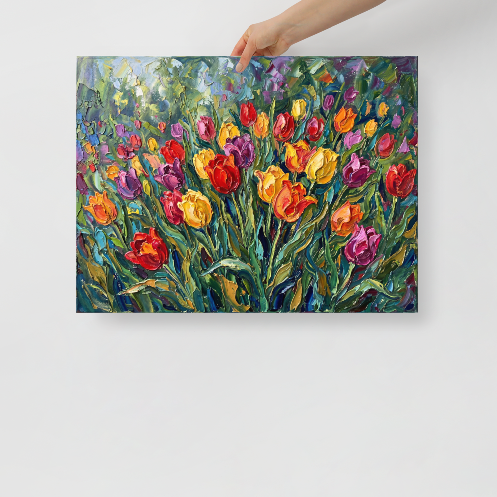 'Tulip Symphony' — a Impressionism print. A textured impasto painting of a vibrant field of tulips in red, yellow, purple, and orange hues, set against a lush green background, ideal for a dining room or bedroom.
