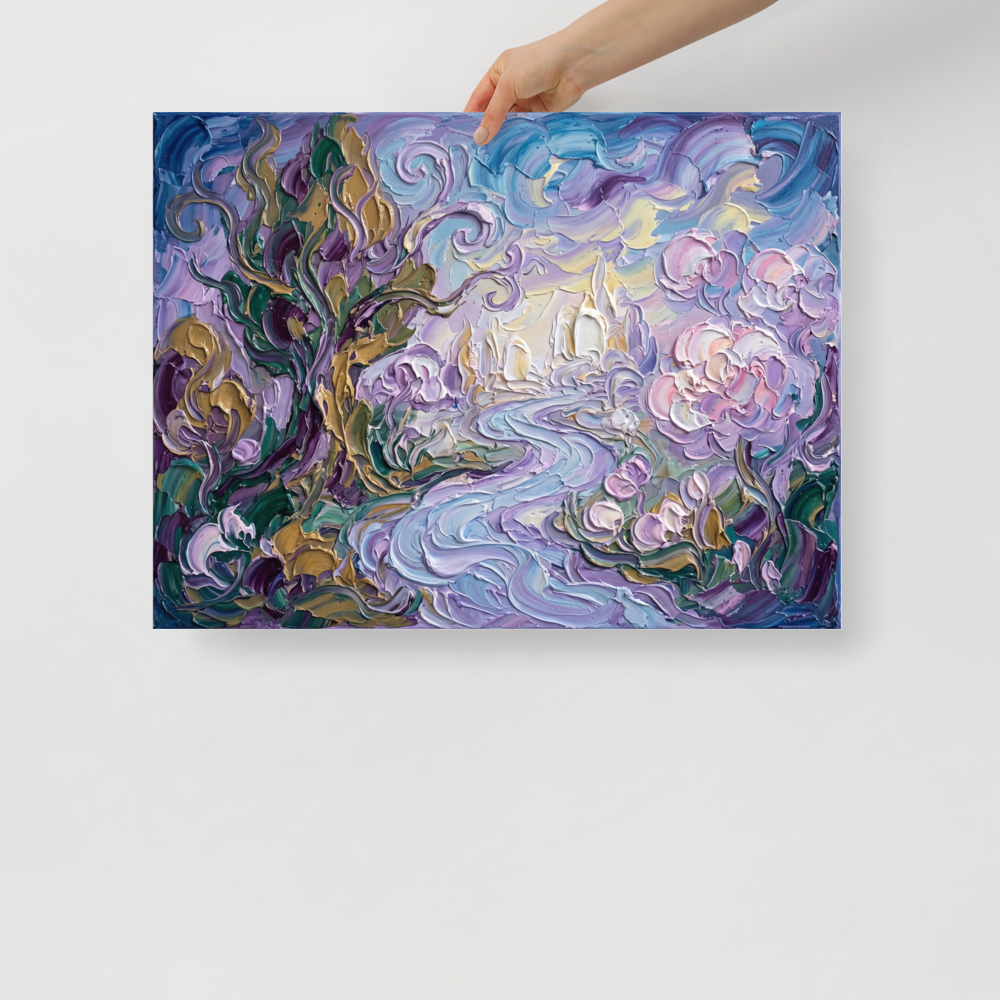 'Lavender Dreamscape' — a Post-Impressionism print. A highly textured abstract landscape painting with swirling lavender and blue skies, pastel pink flowers, and twisting trees in green and gold, perfect for a bedroom.