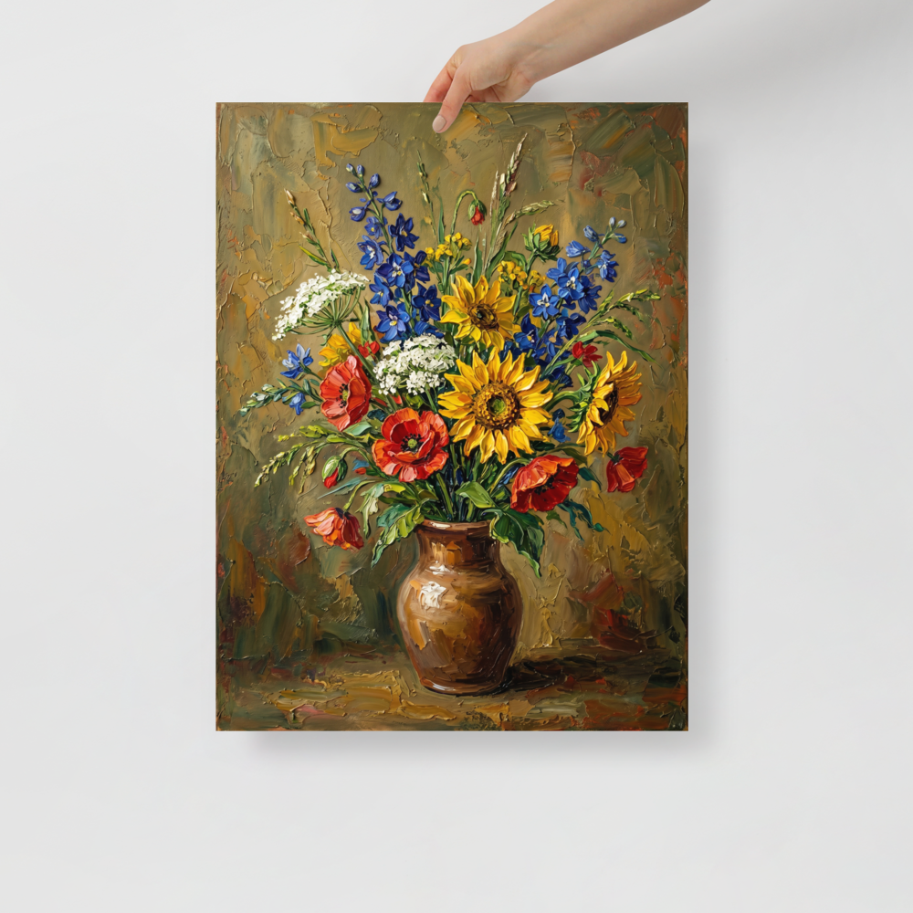'Rustic Floral Bloom' — a Impressionism print. A textured impasto still life painting of bright yellow sunflowers, blue delphiniums, and red poppies arranged in a brown ceramic vase against a rustic background, perfect for a dining room.