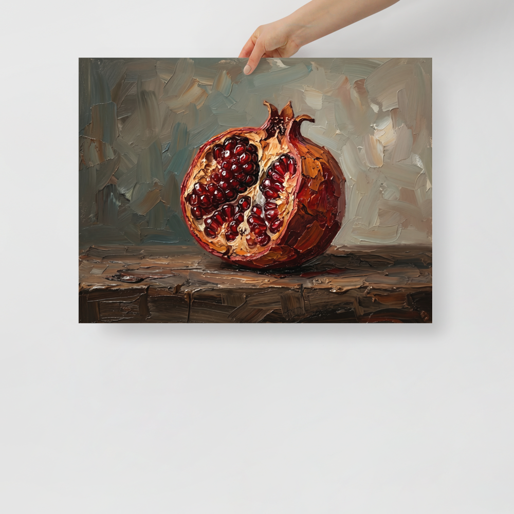 'The Open Pomegranate' — a Realism print. A highly textured still life oil painting of a pomegranate sliced open to reveal gleaming red seeds, resting on a rustic wooden table against a dark background, perfect for a kitchen or dining room.