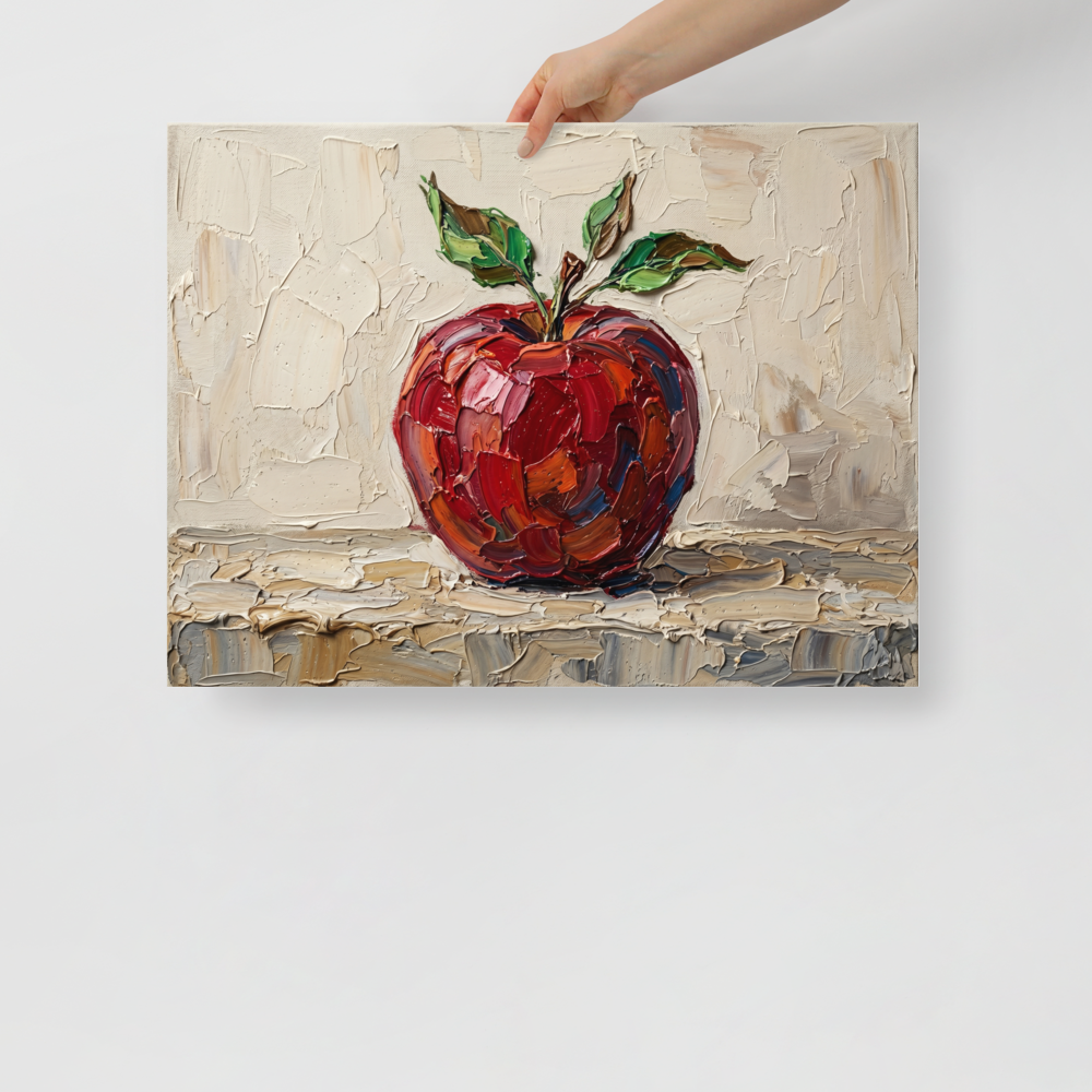 'The Impasto Apple' — a Impressionism print. A highly textured oil painting of a single bright red apple with green leaves, rendered with thick impasto strokes on a textured beige background, perfect for a kitchen.