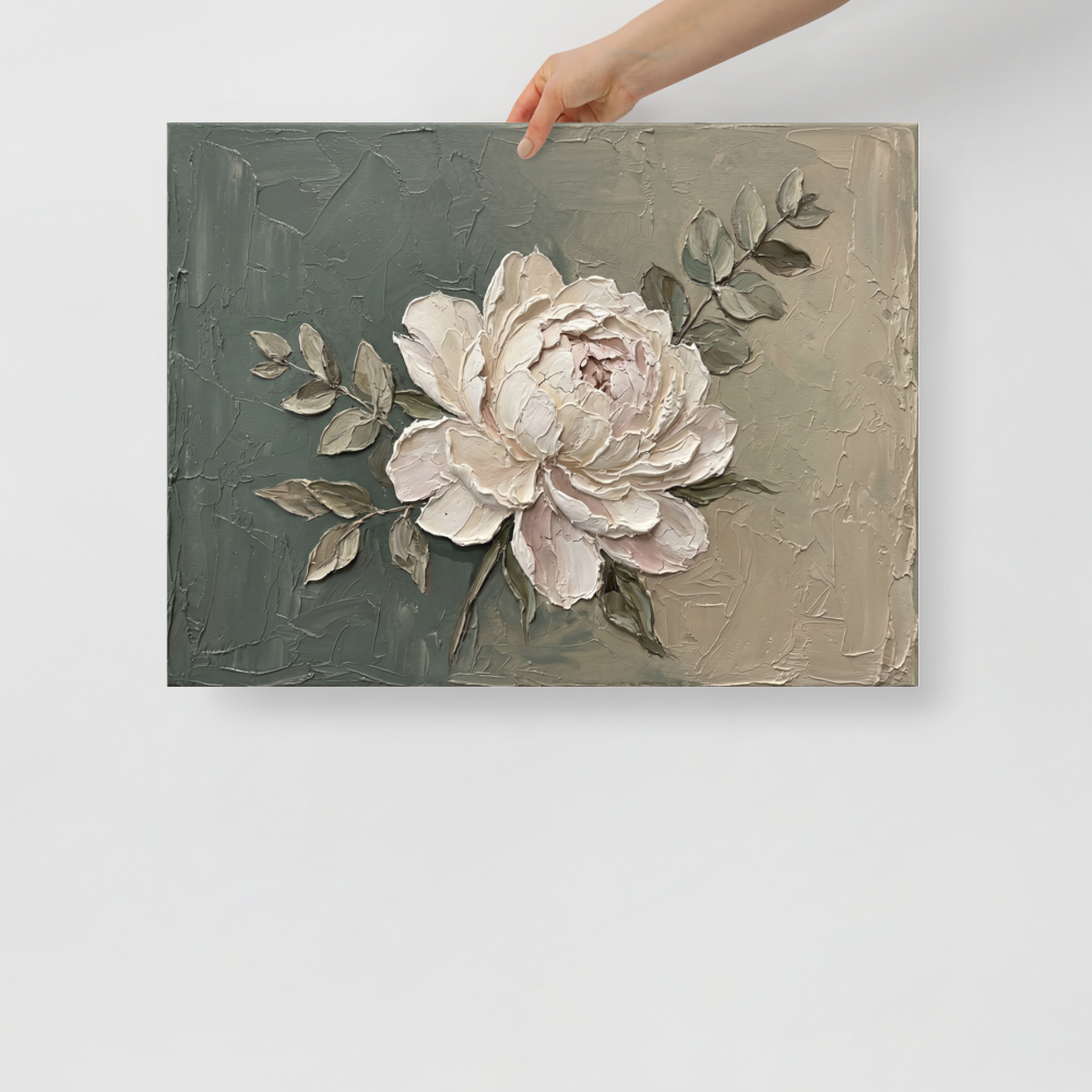 'Textured White Peony' — a Impressionism print. An elegant impasto painting of a large white peony flower with delicate green leaves against a textured olive and grey background, perfect for a bedroom or living room.