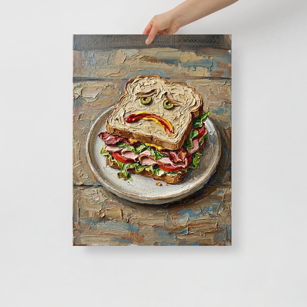 'The Melancholy Meal' — a Expressionism print. An impasto painting of a sandwich with a sad face drawn in condiments, suited for a quirky Kitchen or Dining Room.