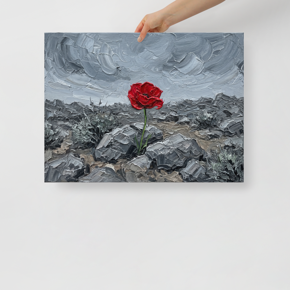 'Resilience in Stone' — a Symbolism print. An impasto painting of a single red poppy blooming in gray rocks, offering a powerful statement piece for a Bedroom.