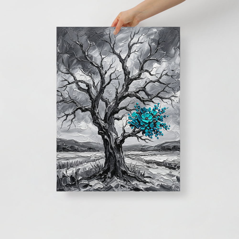 'Winter's Bloom' — a Surrealism print. An impasto painting of a black and white tree with bright turquoise flowers, ideal for a modern Living Room.