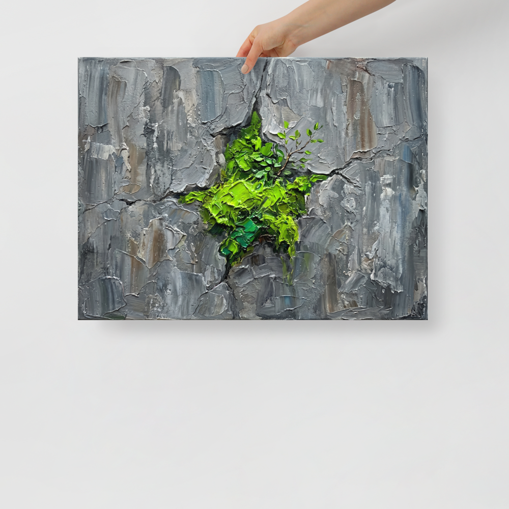 'Life Finds a Way' — a Realism print. An impasto painting of bright green leaves growing from cracked gray rock, perfect for bringing life to a Bathroom.