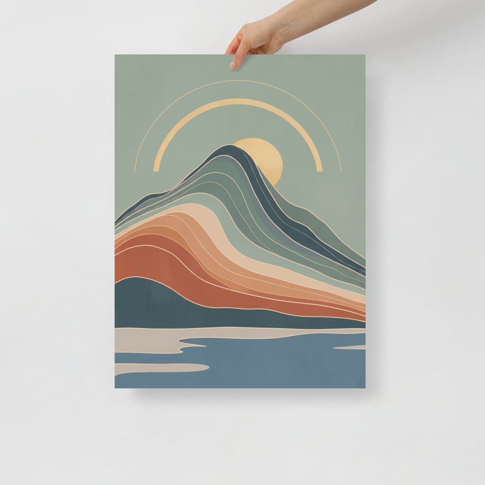 'Boho Horizon' — a Geometric abstract art,Modernism print. An abstract mid-century landscape with sweeping mountain curves and a setting sun, an elegant piece for a Living Room.