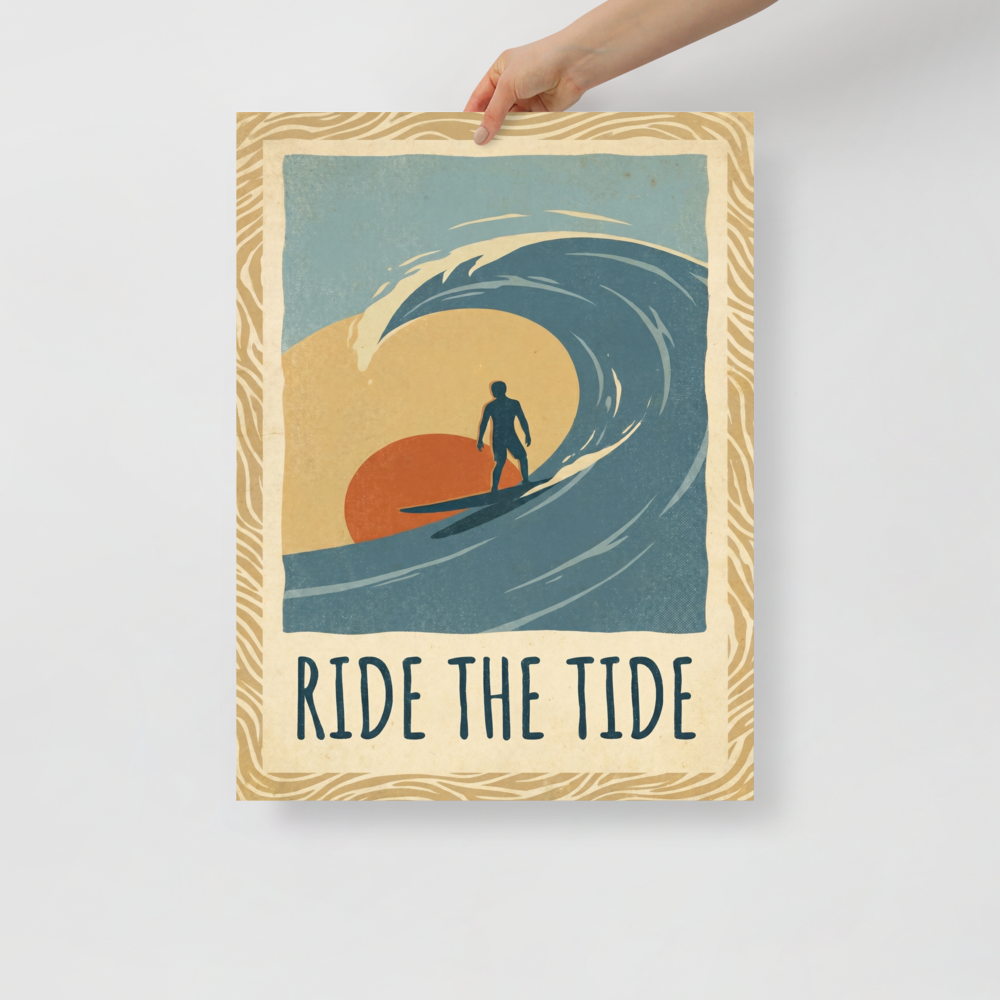 'Ride the Tide' — a Pop art,Digital art print. A vintage illustration of a surfer riding a large wave against a warm sunset with the text 'Ride The Tide', a nostalgic piece for a Living Room.