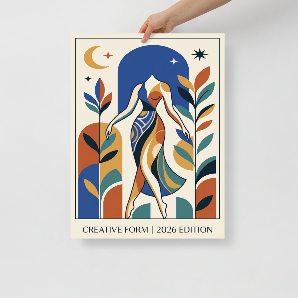 'Creative Form Under the Stars' — a Geometric abstract art,Modernism print. An abstract geometric portrait of a woman beneath a moonlit sky, a striking focal point for a Living Room.