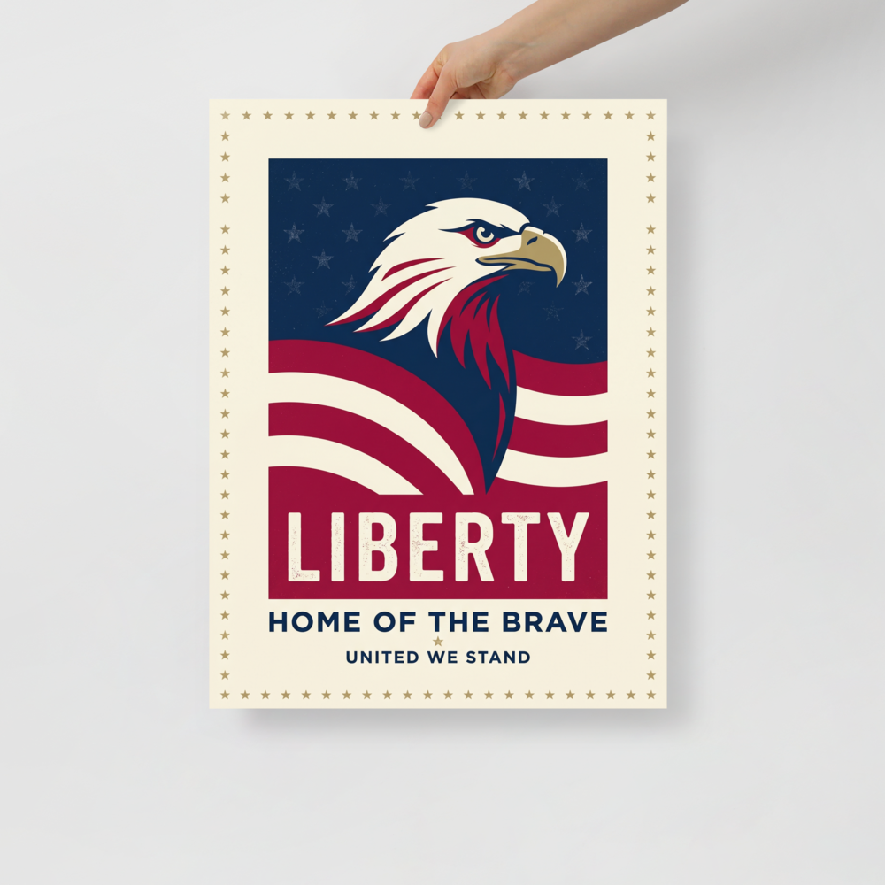'Spirit of Liberty' — a Pop art print. Patriotic poster featuring a bald eagle and American flag with the words Liberty, Home of the Brave, and United We Stand, ideal for an Office or Garage.