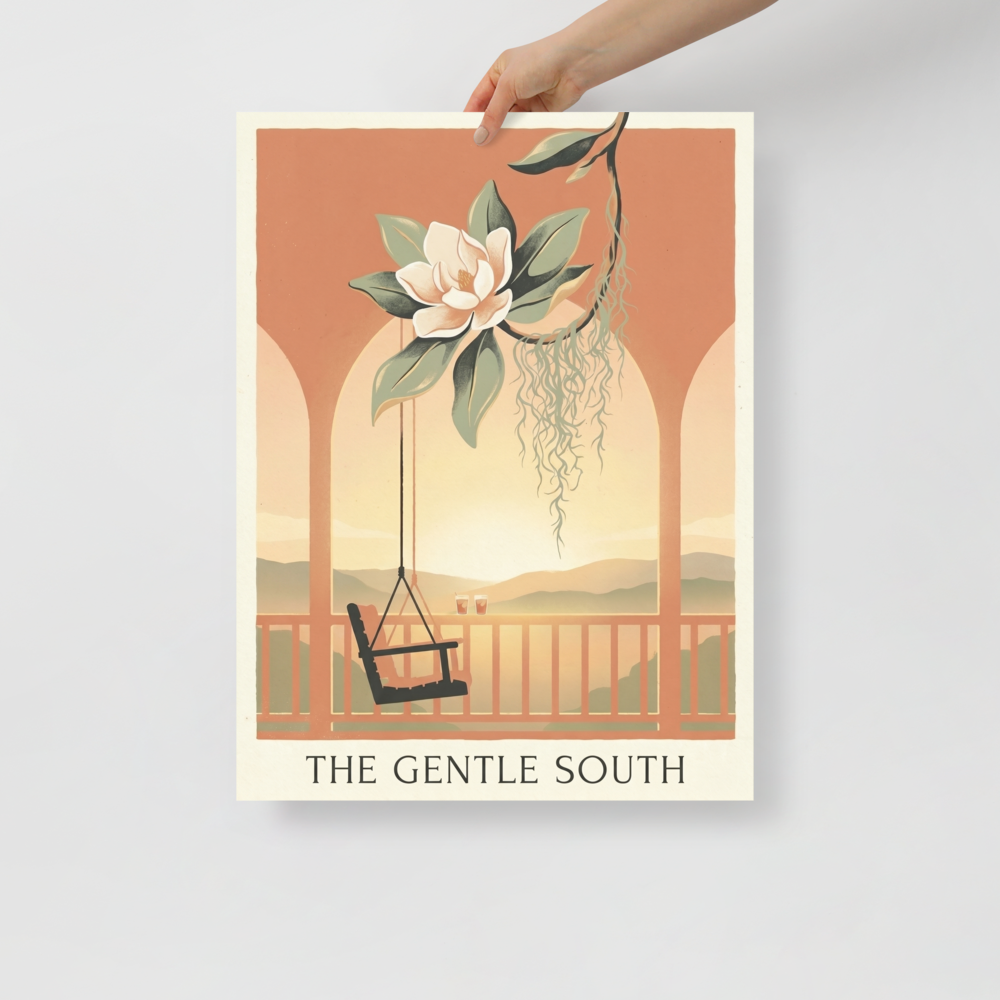 'The Gentle South' — a Art Nouveau,Digital art print. An elegant illustration of a magnolia flower, Spanish moss, and a porch swing at sunset with the text 'The Gentle South', a calming piece for a Sunroom.