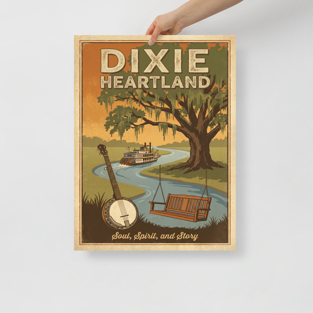 'Southern Soul' — a Regionalism print. Vintage illustration titled Dixie Heartland featuring a steamboat, banjo, and porch swing by a tranquil river under an oak tree, perfect for a Living Room or Den.