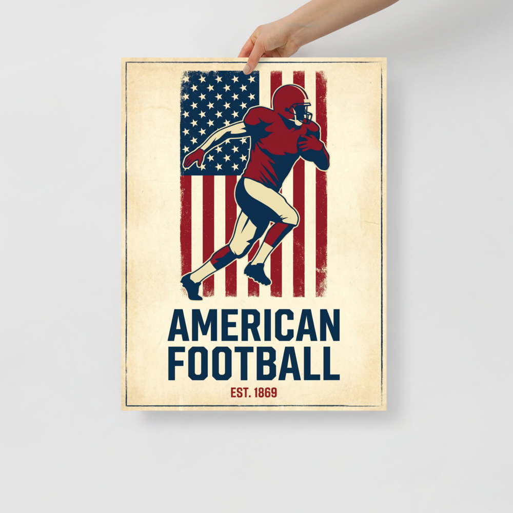 'Gridiron Heritage' — a Pop art,Digital art print. A vintage-style illustration of an American football player running against a distressed American flag, an energetic piece for a Man Cave.