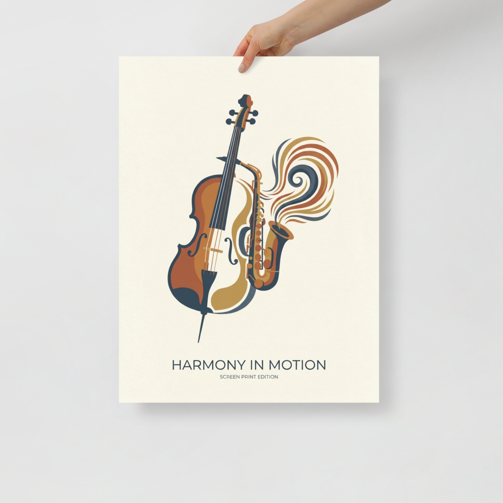 'Rhythm and Strings' — a Modernism print. Modern poster titled Harmony in Motion showing a cello and a saxophone blending together with colorful sound waves, perfect for a Studio or Living Room.