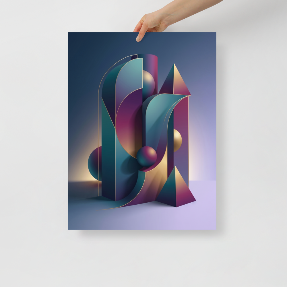 'Luminescent Geometry' — a Geometric abstract art print. A vibrant 3D geometric abstract with smooth lighting and gradients, a bold accent for a modern Studio or Living Room.