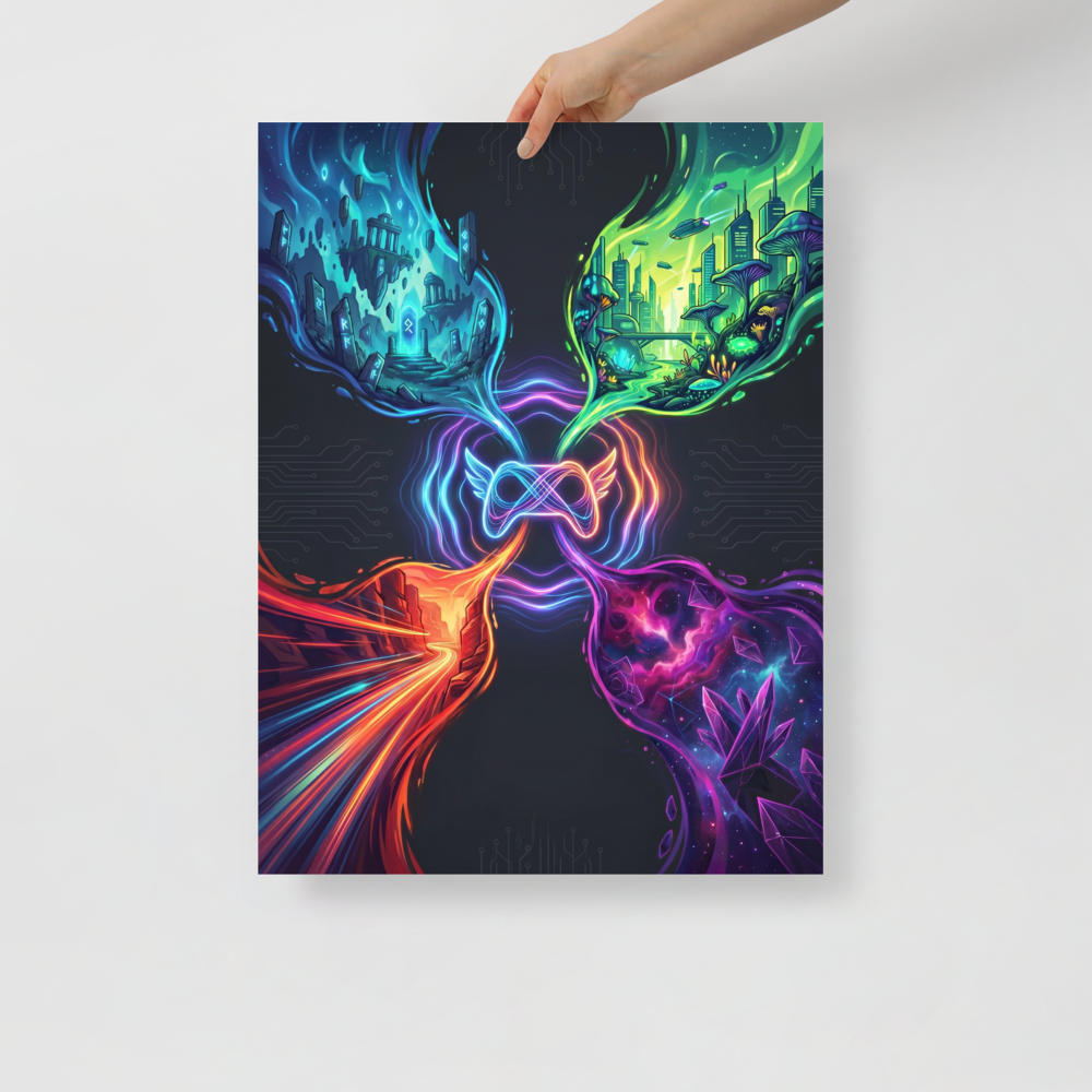 'Infinite Realms of Play' — a Digital art,Surrealism print. A glowing game controller with an infinity symbol connects to four unique worlds: ruins, sci-fi city, fiery canyon, and crystal galaxy, perfect for a lively Game Room.