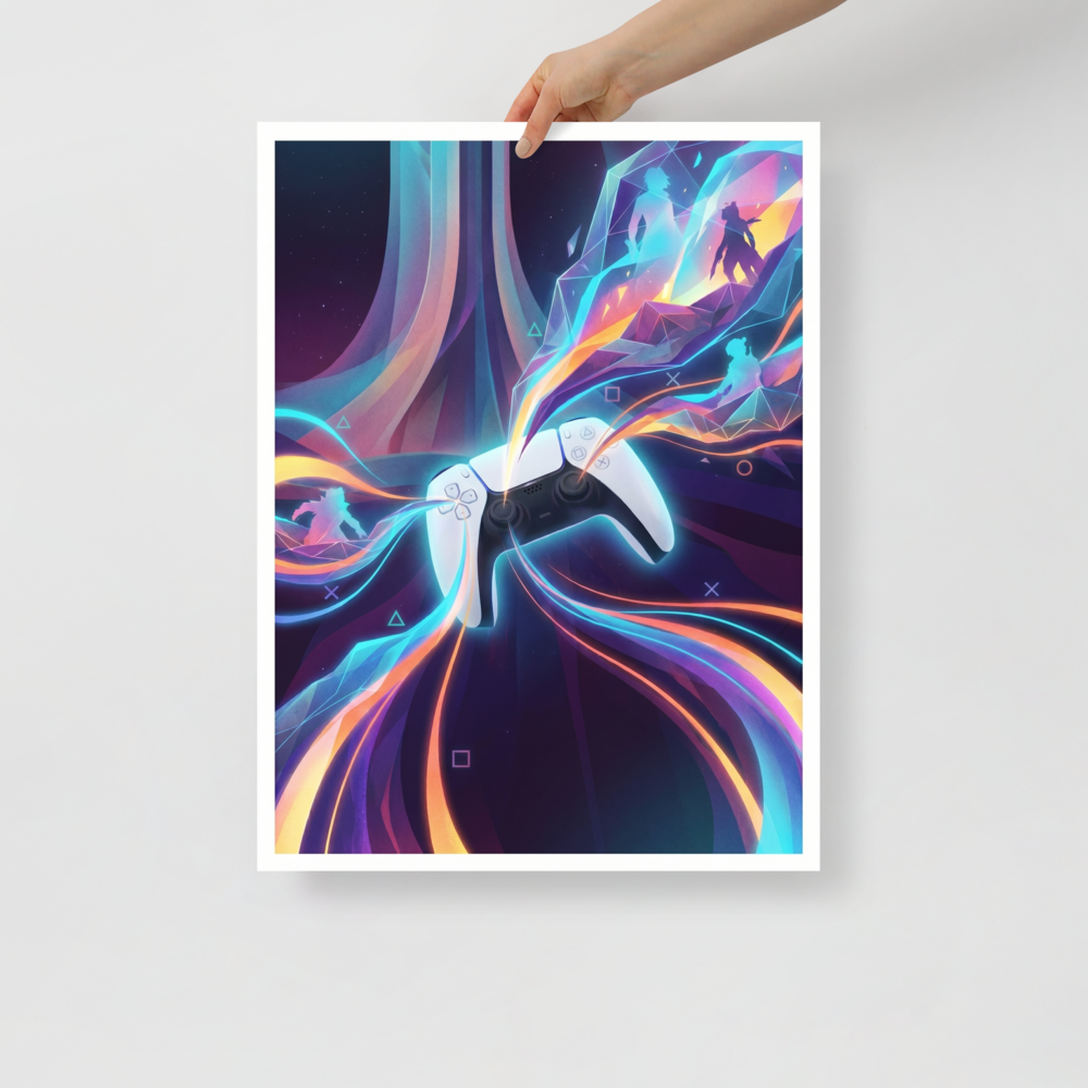 'Neon Gameplay' — a Pop art print. Vibrant digital illustration titled Console Energy showing a gaming controller radiating neon colors and geometric shapes, ideal for a Game Room or Bedroom.