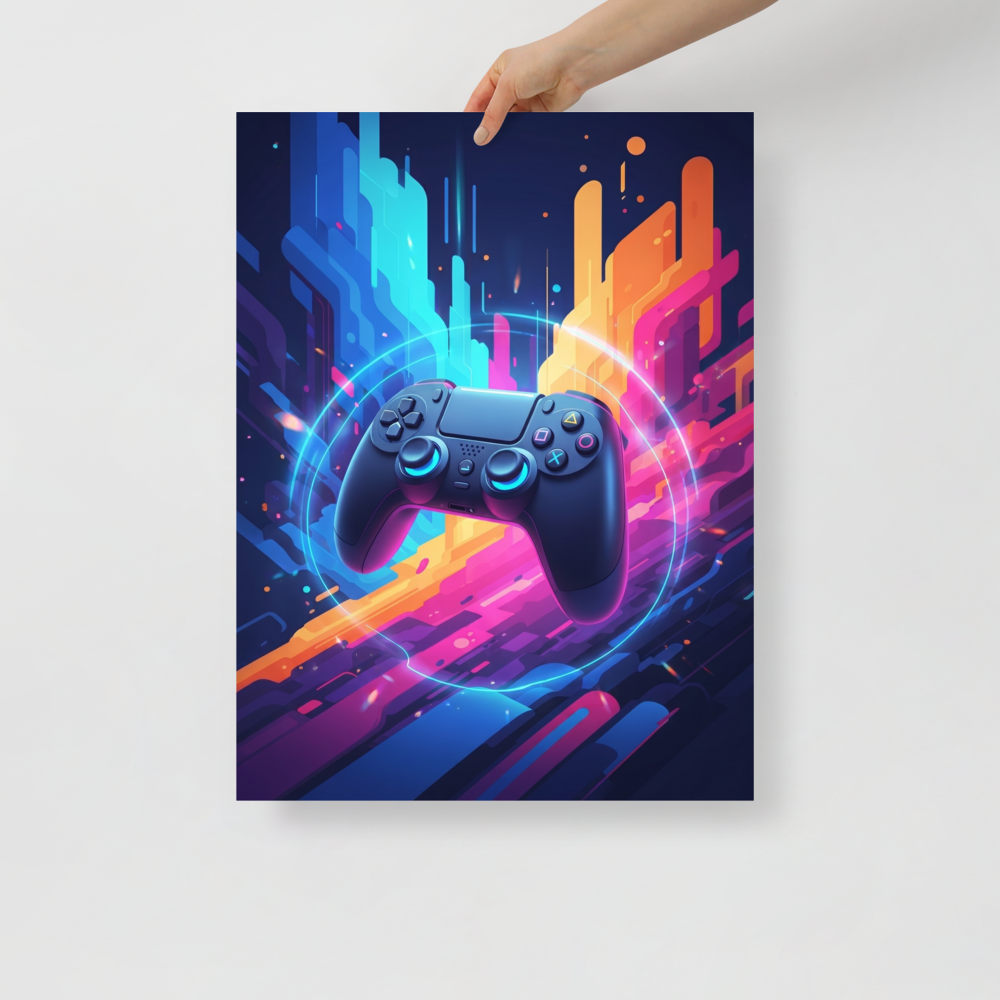 'Synthwave Gamer' — a Pop art print. A glowing gaming controller surrounded by neon colors and abstract shapes, an electrifying centerpiece for a Game Room or Man Cave.
