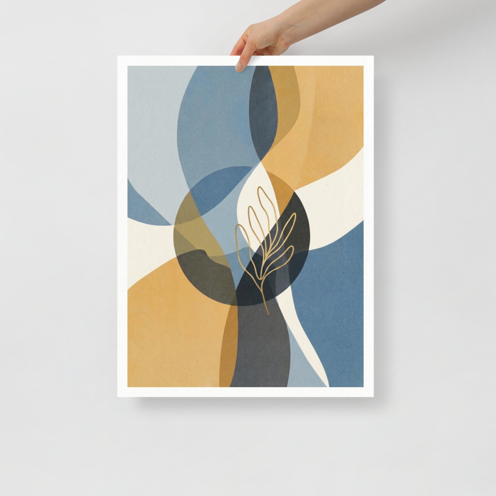 'Serene Geometry' — a Abstract art,Minimalism print. Abstract geometric overlapping shapes in blue, mustard, and gray with a golden line art leaf in the center, ideal for a contemporary Office.