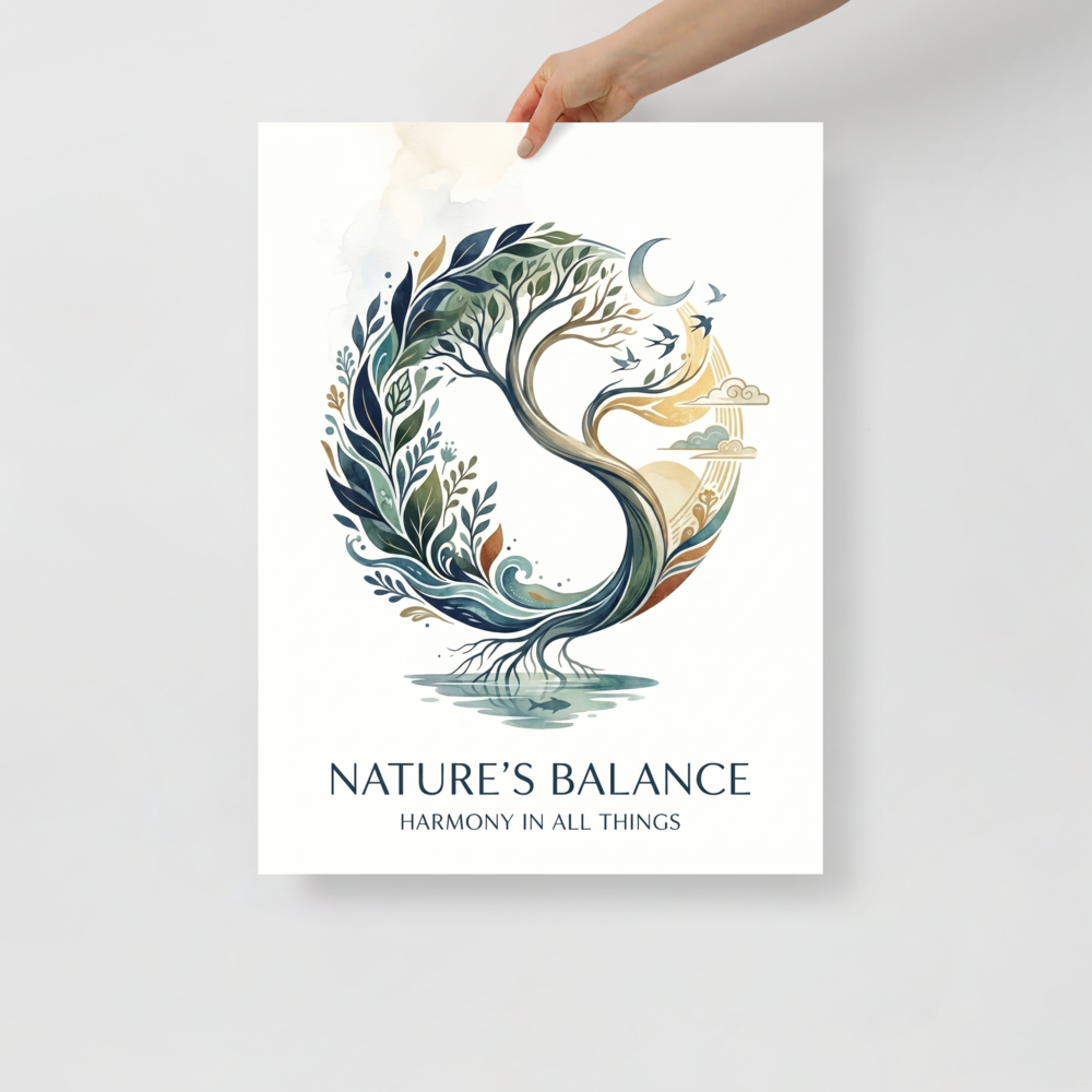 'Nature's Balance' — a Modernism print. A circular watercolor illustration of a tree transitioning from day to night with roots reflecting in water and text reading 'Nature's Balance', ideal for a Meditation Room.
