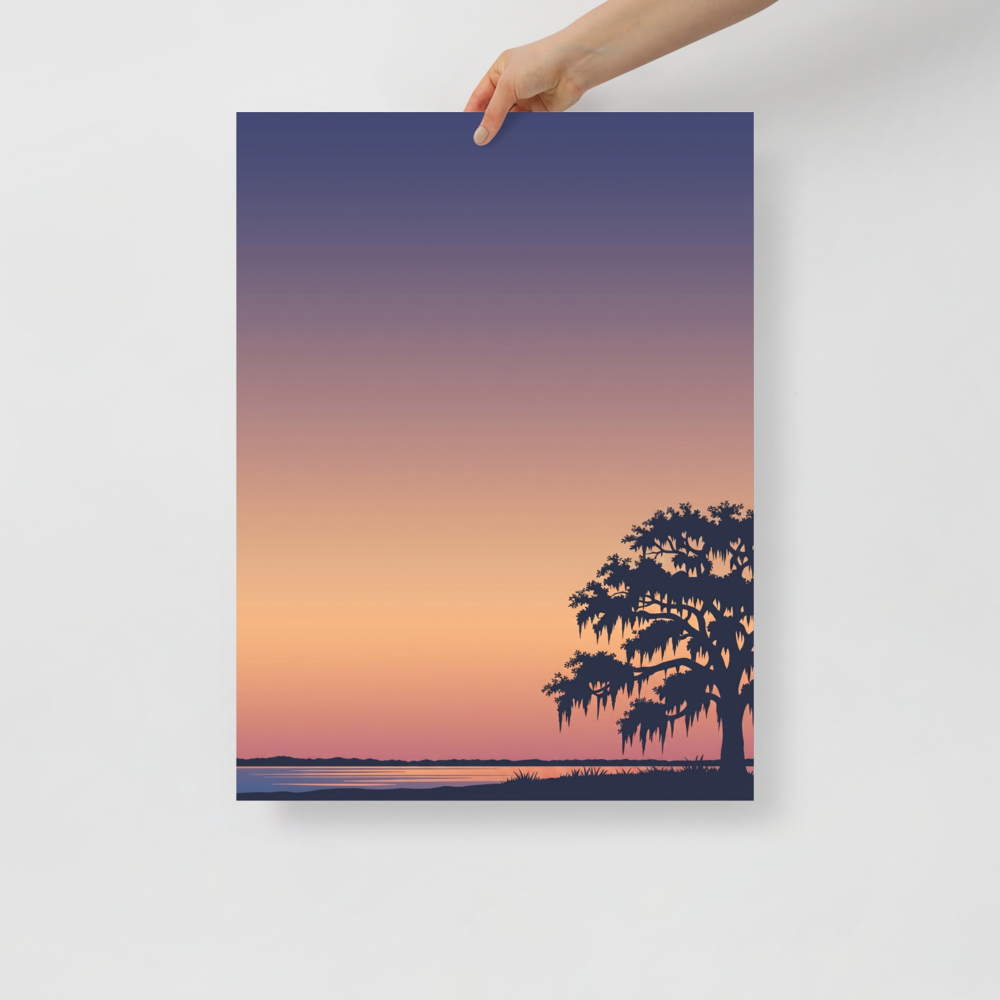 'Twilight Tranquility' — a Digital art,Minimalism print. A serene landscape with a vibrant purple and orange sunset over a lake and the silhouette of a tree, perfect for a Bedroom.