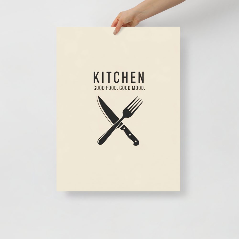 'Culinary Moods' — a Minimalism,Digital art print. A minimalist kitchen poster with a crossed knife and fork and the quote 'Good Food. Good Mood.', perfect for a Dining Room.