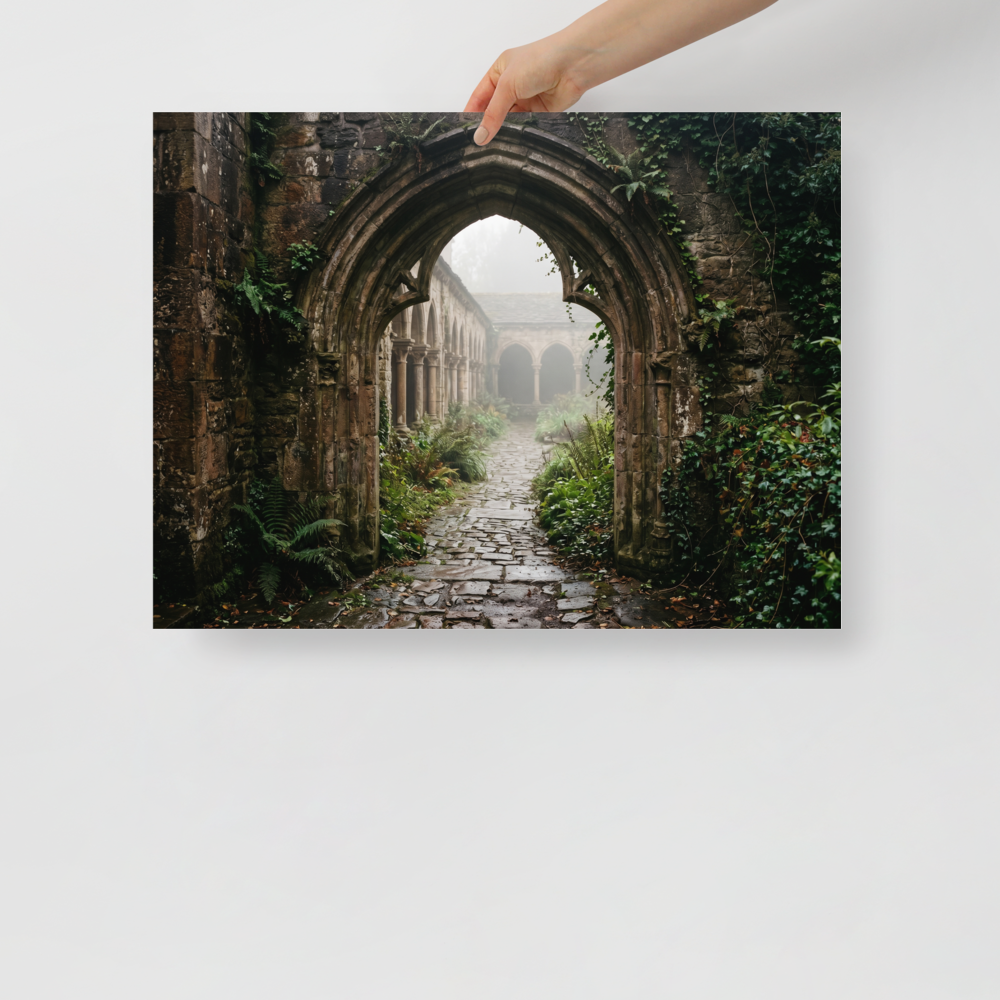 'The Forgotten Abbey' — a Art photography print. A photograph of a ruined gothic abbey covered in lush greenery and thick fog, bringing an element of mystery to a Library or Study.