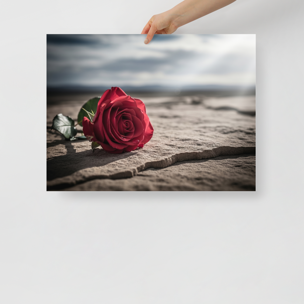 'Red Rose on Stone' — a Art photography print. Close-up photograph of a vivid red rose lying on textured stone against a soft, moody landscape, perfect for a romantic bedroom or living room.