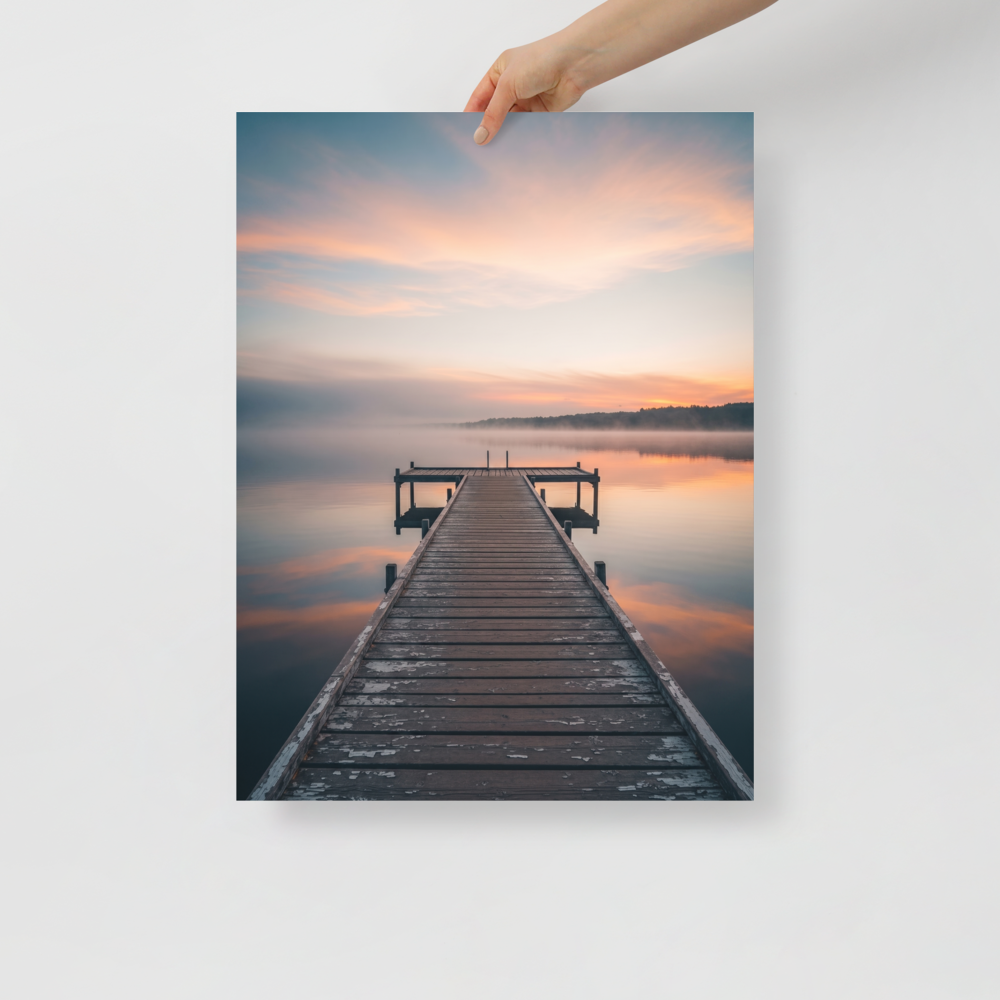 'Pastel Dawn Pier' — a Art photography print. Symmetrical landscape photograph of a wooden dock extending into a calm, misty lake reflecting a colorful sunrise, perfect for a peaceful bedroom or office space.