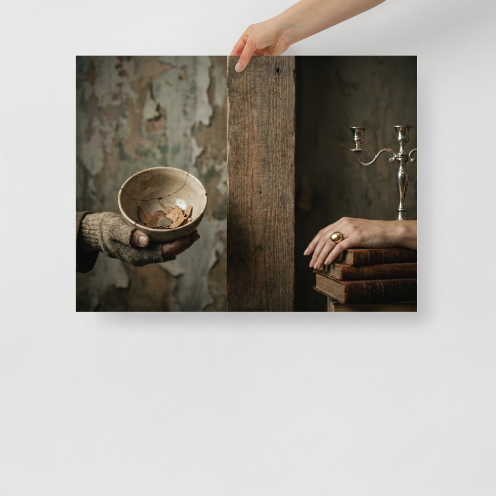 'The Divide' — a Art photography print. Conceptual photograph showing a hand in a tattered glove holding a cracked bowl with coins on the left, separated by a wooden pillar from an elegant hand resting on books with a silver candelabra on the right, fitting for a thoughtful office or library.