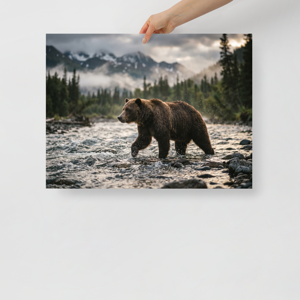 'River Crossing' — a Art photography print. A photograph of a large brown bear walking through a shallow rocky river with mountains and a misty forest in the background, a striking nature piece for a Cabin / Lodge.