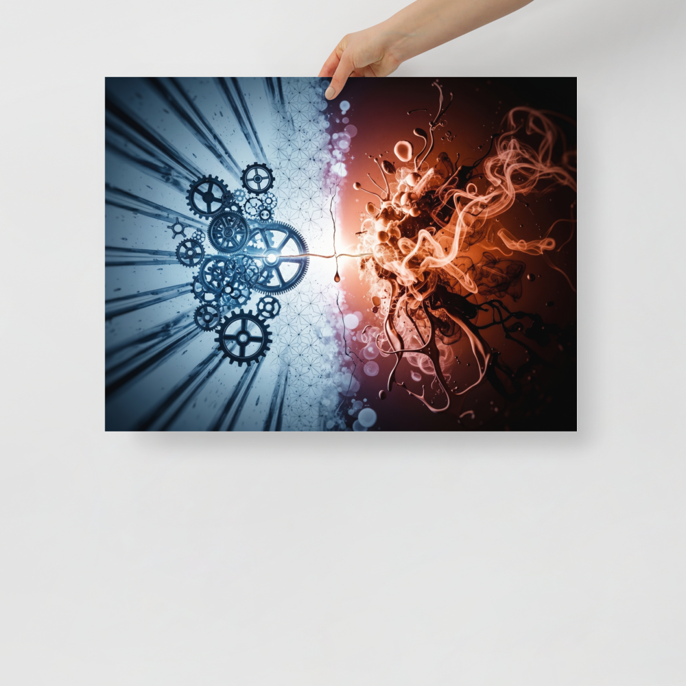 'Mechanical Genesis' — a Abstract art print. A striking contrast of blue mechanical gears and red organic fluid forms, ideal for a modern game room.