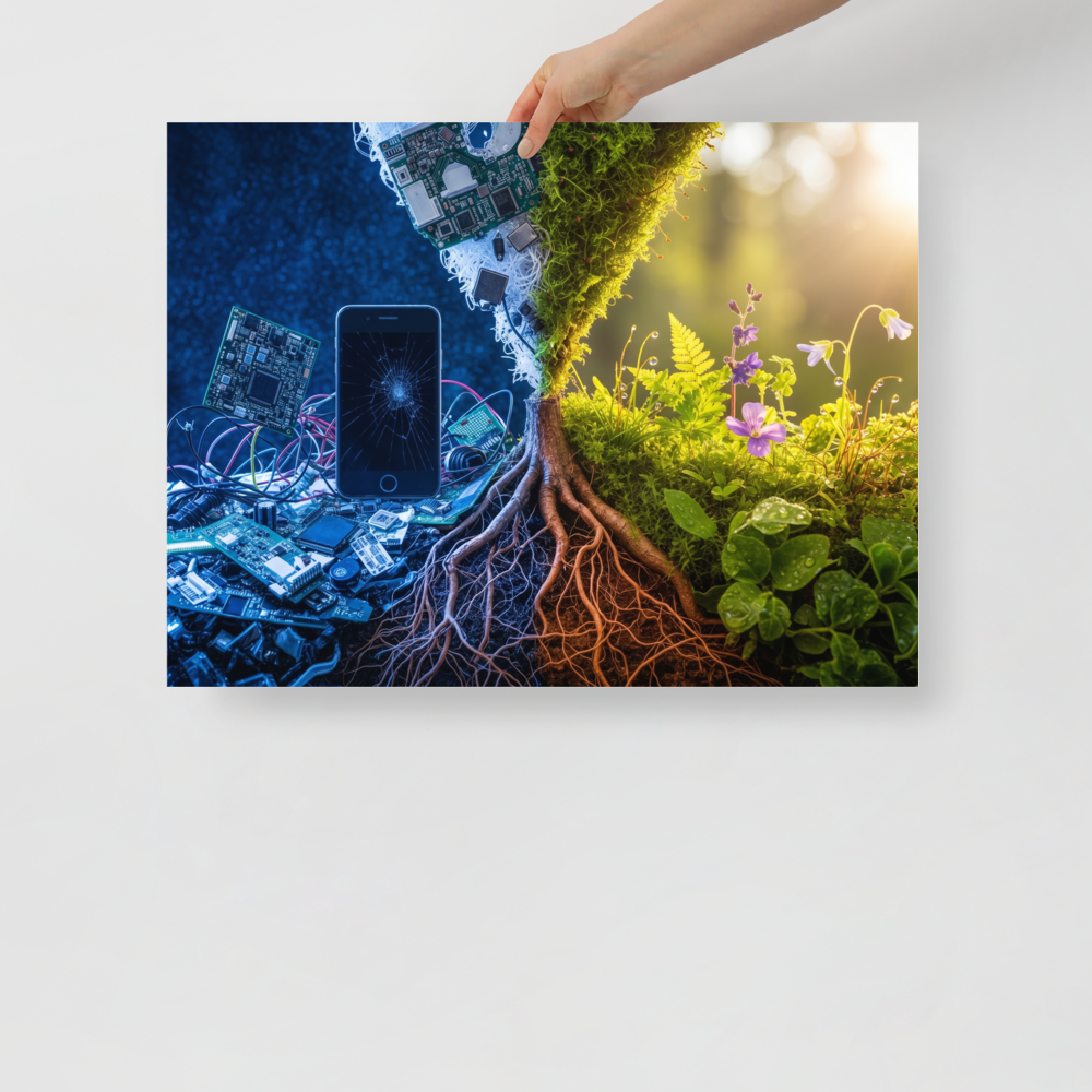 'E-Waste Nature' — a Surrealism print. A split image showing electronic waste on the left transforming into a lush natural landscape on the right.