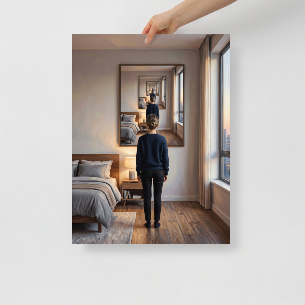 'The Infinite Self' — a Surrealism,Magic realism print. A dreamy surreal painting of a woman standing in a bedroom, looking into a mirror that endlessly reflects her back.