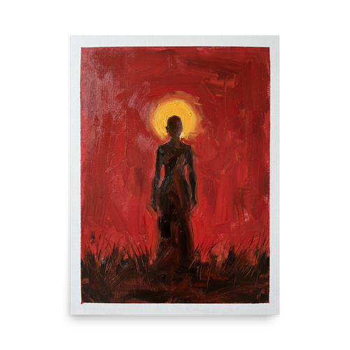 'Crimson Halo' — a Expressionism print. A textured painting of a dark silhouetted figure standing in a field against a bright red and yellow sky, perfect for a Living Room.
