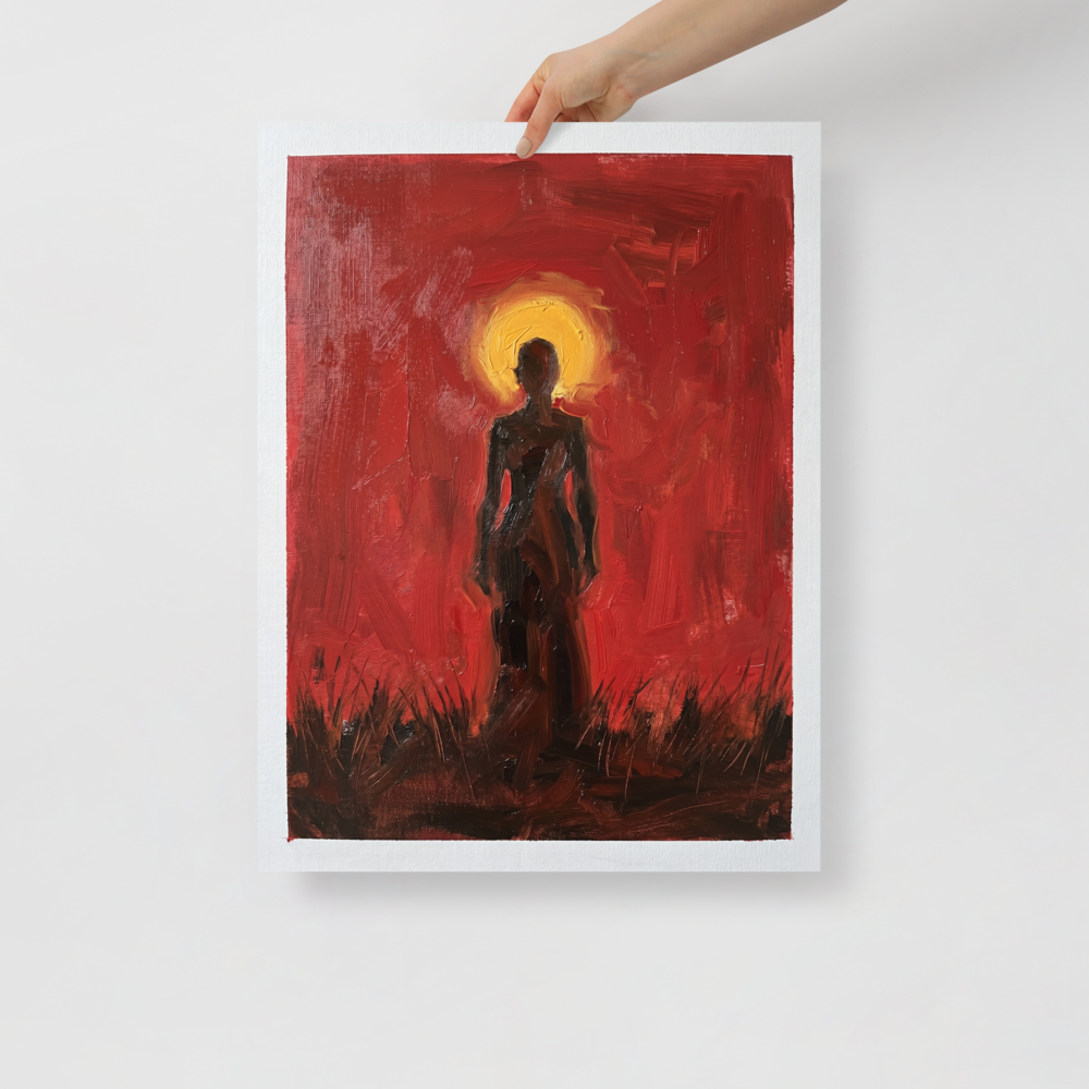 'Crimson Halo' — a Expressionism print. A textured painting of a dark silhouetted figure standing in a field against a bright red and yellow sky, perfect for a Living Room.