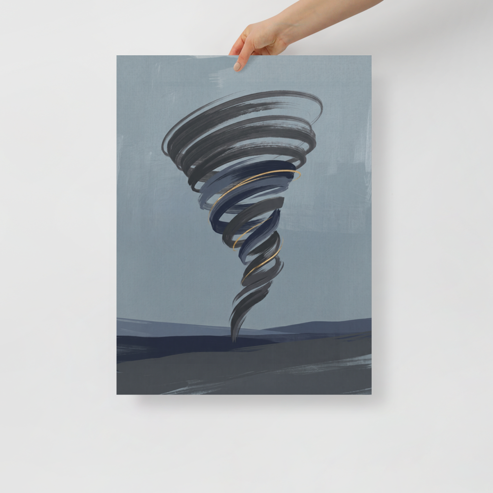 'The Golden Vortex' — a Minimalism print. A minimalist painting of a dark swirling tornado with thin gold accents set against a moody blue-grey sky, perfect for a modern Office or Living Room.