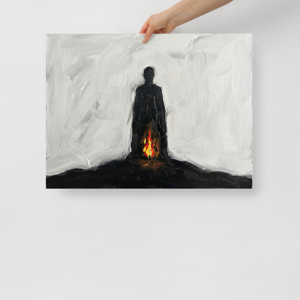 'Inner Flame' — a Minimalism,Expressionism print. A minimalist painting of a black silhouetted figure standing against a white background with a small fire burning at their feet, ideal for a modern Living Room or Office.