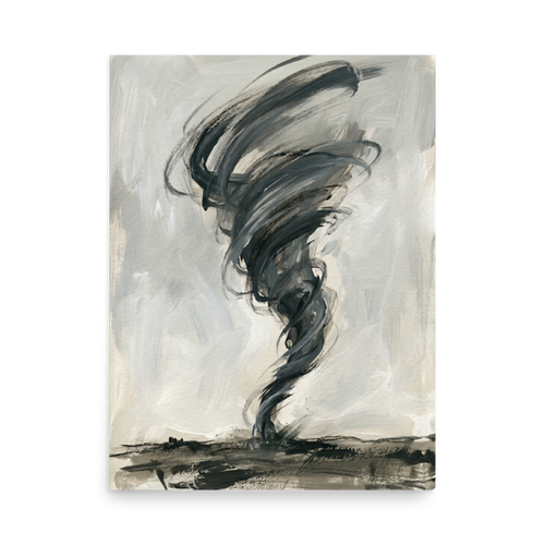 'Abstract Tempest' — a Abstract expressionism,Minimalism print. An expressive abstract painting of a grey and black tornado against a pale sky, ideal for an Office or living room.