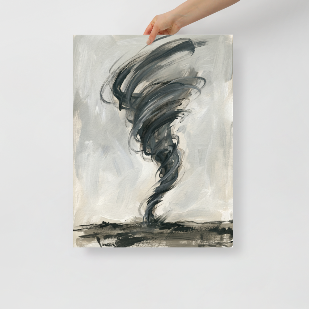 'Abstract Tempest' — a Abstract expressionism,Minimalism print. An expressive abstract painting of a grey and black tornado against a pale sky, ideal for an Office or living room.